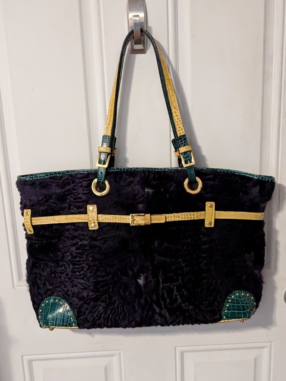 ETRO Milano Italy Plush Textured Crocodile Embossed Leather Trim Handbag Tote